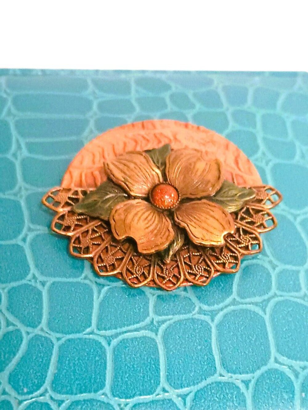 Mixed Metal Dogwood Floral Brooch Vintage Round Filigree Copper Layered Pin